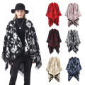 Alltagsleben Blumendruck Wolle Spinning Schal für Frauen Offener Stich Mantel Herbst Winter Dicke Warme Multicolor Poncho Schals